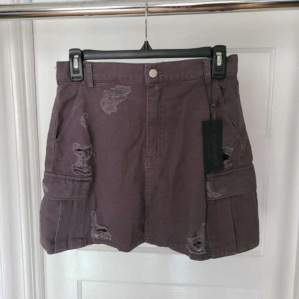 Carmar 100% Cotton Distressed Mini Cargo Grunge Skirt Size 10 MSRP $188 NWT